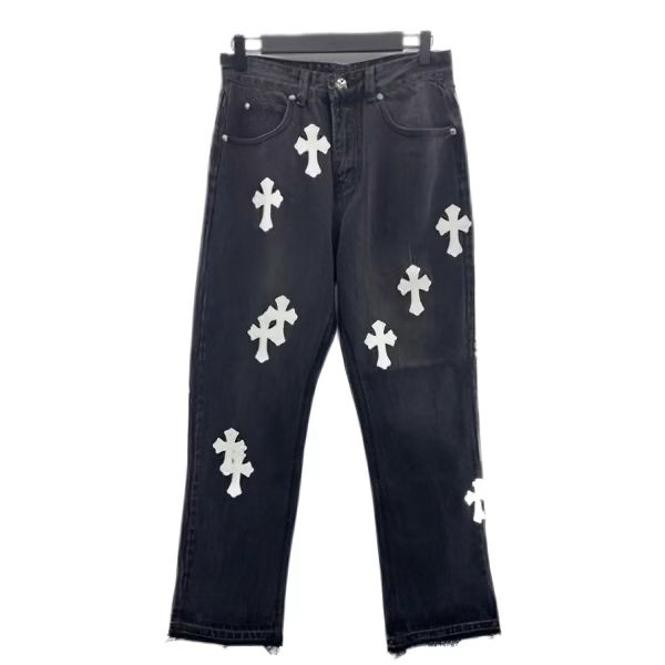 Chrome Heart Cross Stitched Lather Jeans