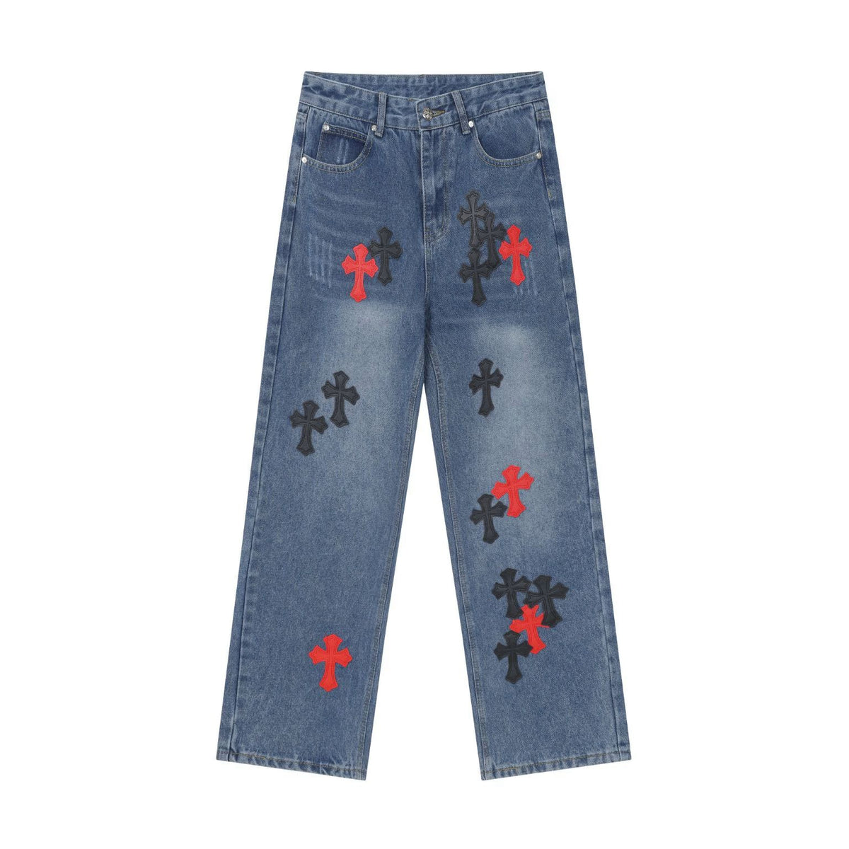 Chrome Hearts Red & Black Cross Patch Blue Jeans